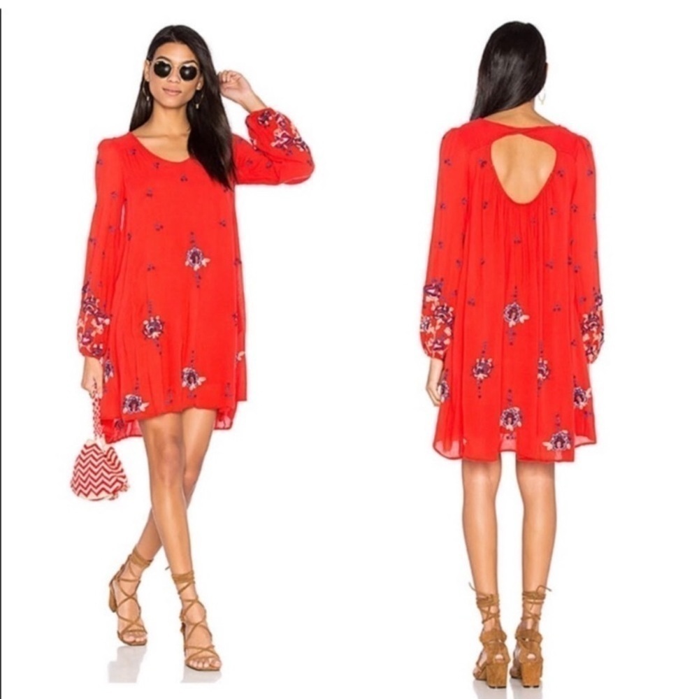 Free People Womens Oxford Red Embroidered Flowy Boho Dress Size Small